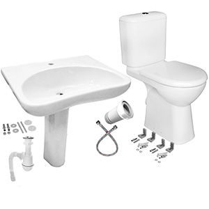 Унитаз для инвалидов и раковина на пьедестале с креплениями и сифонами фото арт.