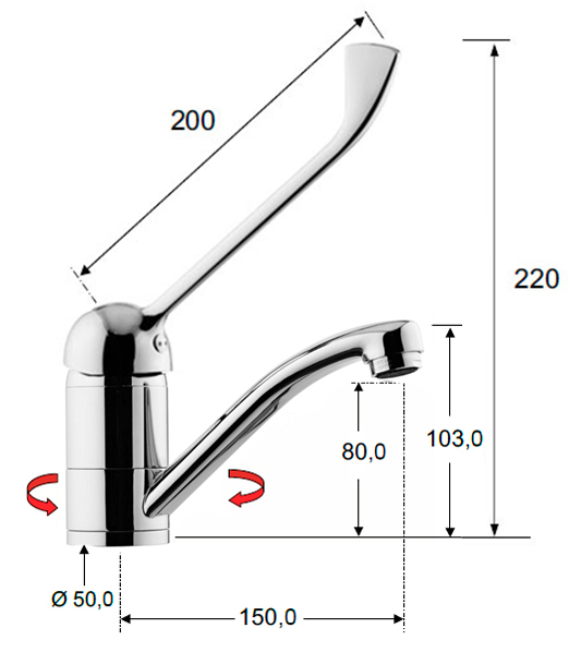 Смеситель ЛОКТЕВОЙ (ХИРУРГИЧЕСКИЙ) для раковины, (К40), с поворотным изливом 15 см, ШПИЛЬКА  фото  в интернет-магазине Санкомп