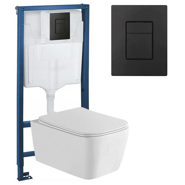 Унитаз подвесной БЕЗОБОДКОВЫЙ с сиденьем МИКРОЛИФТ с инсталляцией с кнопкой Черной 20697 фото  в интернет-магазине Санкомп