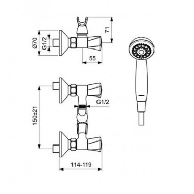 Смеситель для душа ДВУХВЕНТИЛЬНЫЙ латунь кран-буксы КЕРАМИКА, лейка 1 режим, шланг 1,5 метра фото  в интернет-магазине Санкомп