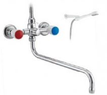 Смеситель для ванны настенный ДВУХВЕНТИЛЬНЫЙ резина, излив длинный без аэратора, лейка 1 режим фото  в интернет-магазине Санкомп