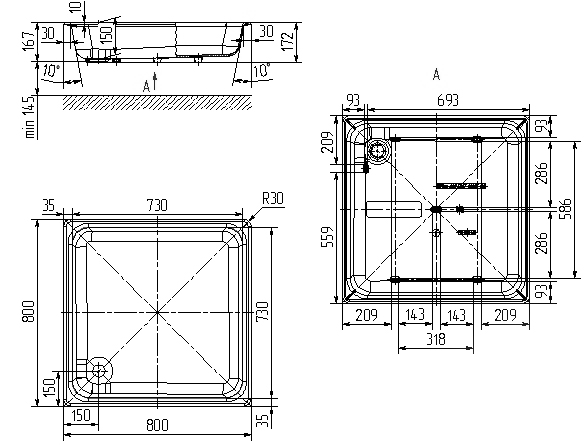 Душевой поддон 80х80 чугунный квадратный средний 167 мм гладкий фото  в интернет-магазине Санкомп