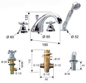 Смеситель на борт ванны ДВУХВЕНТИЛЬНЫЙ излив литой, лейка 1 режим фото  в интернет-магазине Санкомп