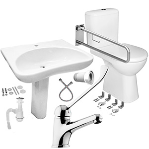 Унитаз для инвалидов и раковина на пьедестале с креплениями сифонами смесителем ЛОКТЕВЫМ и поручнем фото  в интернет-магазине Санкомп
