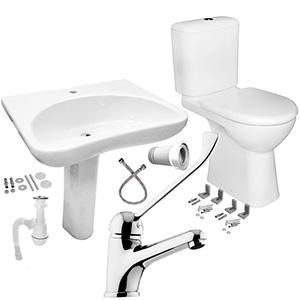 Унитаз для инвалидов и раковина на пьедестале с креплениями сифонами и смесителем ЛОКТЕВЫМ фото  в интернет-магазине Санкомп