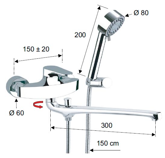 Смеситель для ванны настенный ОДНОРЫЧАЖНЫЙ, излив поворотный 30 см, лейка 1 режим фото  в интернет-магазине Санкомп