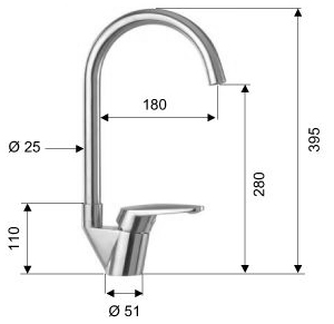 Смеситель нержавеющая сталь для кухни высокий С-образный излив 180х280 мм  фото  в интернет-магазине Санкомп