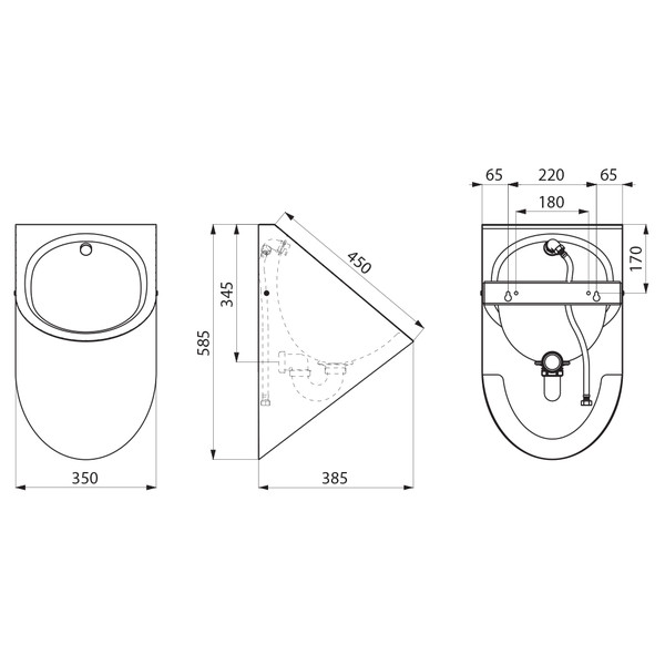Писсуар из нержавеющей стали подача воды ИЗ СТЕНЫ, выход ГОРИЗОНТАЛЬНЫЙ (385х350х585 мм) фото  в интернет-магазине Санкомп
