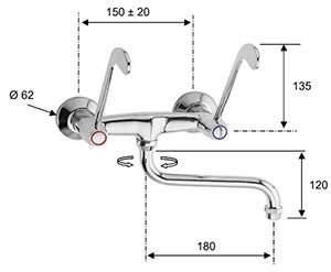 Смеситель ЛОКТЕВОЙ двухвентильный настенный, с поворотным круглым S-образным изливом 18 см фото  в интернет-магазине Санкомп