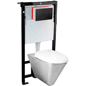 Унитаз подвесной из нержавеющей стали, с сиденьем и инсталляцией с кнопкой черной фото  в интернет-магазине Санкомп