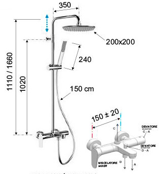 Душевая система ТРОПИЧЕСКИЙ ДУШ 200 мм однорычажная, лейка 1 режим с гибким шлангом, литой излив фото  в интернет-магазине Санкомп