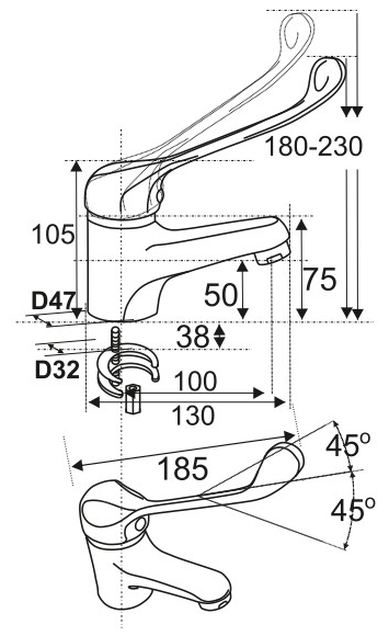 Смеситель ЛОКТЕВОЙ (ХИРУРГИЧЕСКИЙ) для раковины, (К40), с литым изливом 10/5 см, ШПИЛЬКА  фото  в интернет-магазине Санкомп
