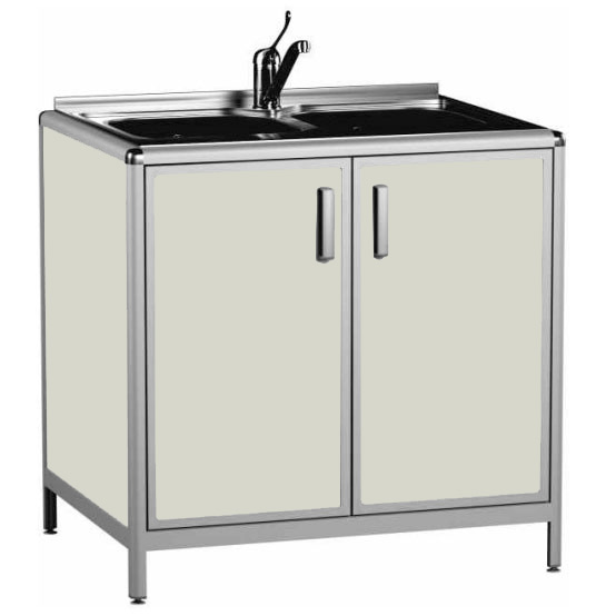 Хирургическая мойка 2х секционная из нержавеющей стали, стенки ПП, 900х600х850 мм, двери распашные фото  в интернет-магазине Санкомп