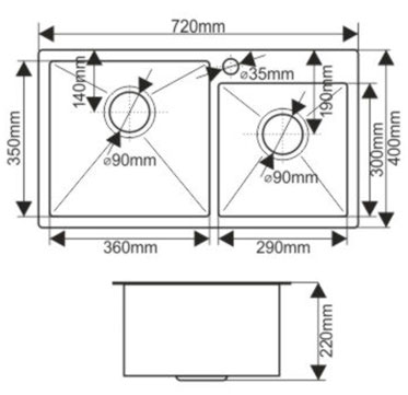 Мойка врезная нержавейка 720х400x200 мм 2 секции С/О МАТОВАЯ ГРАФИТ с сифоном, 17852 фото  в интернет-магазине Санкомп