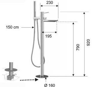 Смеситель для ванны напольный ОДНОРЫЧАЖНЫЙ излив литой, лейка 1 режим фото  в интернет-магазине Санкомп