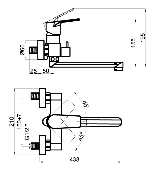 Смеситель для ванны настенный ОДНОРЫЧАЖНЫЙ с поворотным изливом, 22316 фото  в интернет-магазине Санкомп