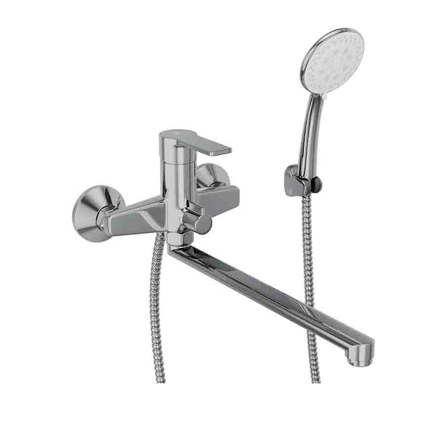 Смеситель для ванны настенный ОДНОРЫЧАЖНЫЙ, излив поворотный 401 мм, лейка 5 режимов, 25969  фото  в интернет-магазине Санкомп