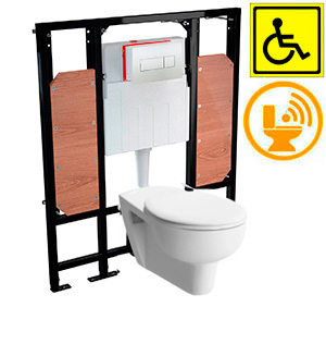 Унитаз для инвалидов МГН подвесной с инсталляцией СЕНСОР СИДЕНЬЕ С КРЫШКОЙ, крепление для поручней  фото  в интернет-магазине Санкомп