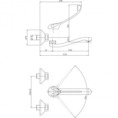 Смеситель ЛОКТЕВОЙ (ХИРУРГИЧЕСКИЙ) настенный, (К35), с поворотным плоским S-образным изливом 20 см фото в интернет-магазине СанКомп www.sancomp.ru