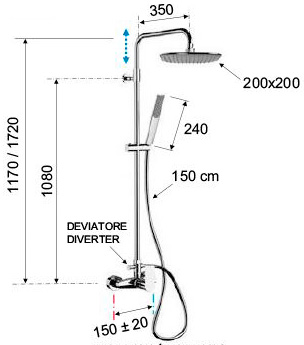 Душевая система ТРОПИЧЕСКИЙ ДУШ однорычажная, лейка 1 режим с гибким шлангом (выстота 1170-1720) фото  в интернет-магазине Санкомп