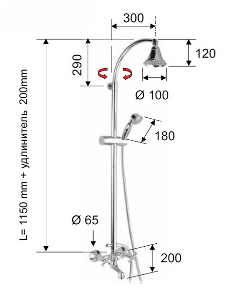 Душевая система ВЕРХНИЙ ДУШ двухвентильная, лейка 1 режим на гибком шланге, с литым изливом фото  в интернет-магазине Санкомп
