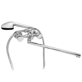 Смеситель для ванны настенный ДВУХВЕНТИЛЬНЫЙ керамика, излив длинный 40 см, лейка 1 режим фото  в интернет-магазине Санкомп