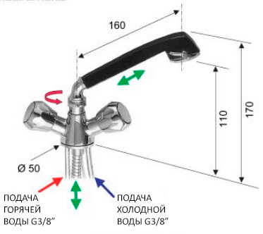 Смеситель для кухни двухвентельный С ВЫТЯЖНЫМ ДУШЕМ 160х110 мм 1/2" ручки "ЭКСПОРТ"  фото  в интернет-магазине Санкомп