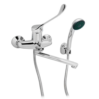 Смеситель локтевой настенный с изливом 200 мм, картридж 40 мм с лейкой фото  в интернет-магазине Санкомп