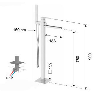 Смеситель для ванны напольный ОДНОРЫЧАЖНЫЙ излив КАСКАД, лейка 1 режим фото  в интернет-магазине Санкомп