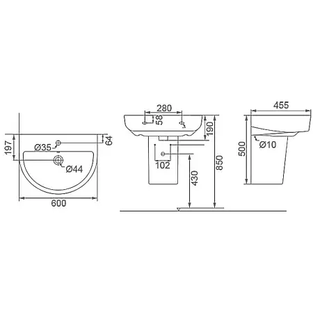 Умывальник с полупьедесталом с переливом и отверстием под смеситель (460х600х500) 22052 фото  в интернет-магазине Санкомп