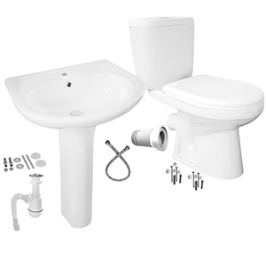 Унитаз и раковина на пьедестале с креплениями и сифонами фото арт.