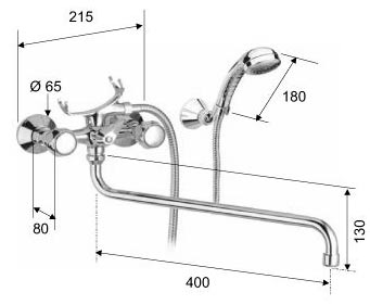Смеситель для ванны настенный ДВУХВЕНТИЛЬНЫЙ резина, излив длинный 40 см, лейка 1 режим фото  в интернет-магазине Санкомп