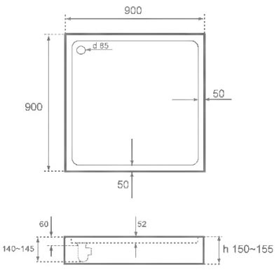 Поддон акриловый квадратный 900х900х155(55) мм, Ø 50 мм с экраном и ножками 03667  фото  в интернет-магазине Санкомп