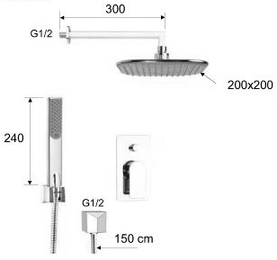Душевая система ТРОПИЧЕСКИЙ ДУШ 200 мм встраиваемая, лейка 1 режим с гибким шлангом фото  в интернет-магазине Санкомп