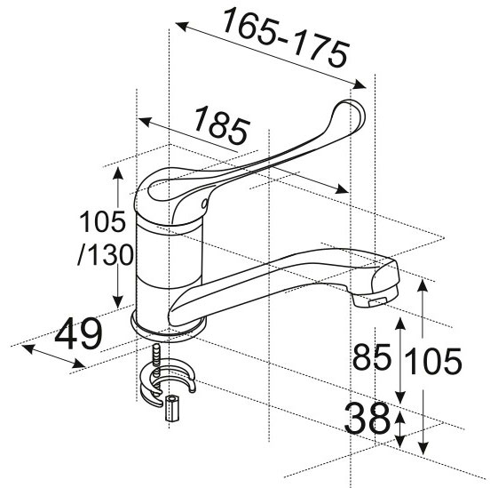 Смеситель ЛОКТЕВОЙ (ХИРУРГИЧЕСКИЙ) для раковины, (К40), с поворотным изливом 15 см, ШПИЛЬКА (ЭКОНОМ) фото  в интернет-магазине Санкомп