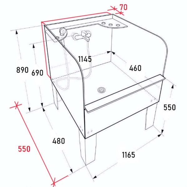 Поддон для уборочного инвентаря 1165х550х890 С ЭКРАНОМ БЕЗ СМЕСИТЕЛЯ с полочкой 70 мм, 24948 фото  в интернет-магазине Санкомп