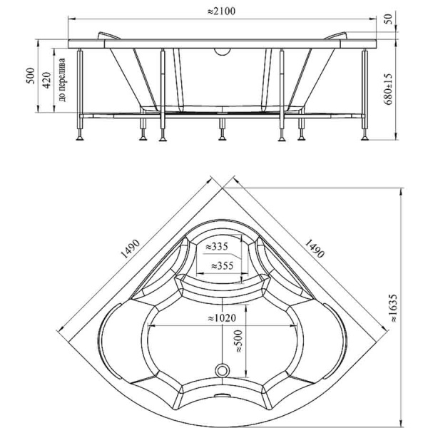 Ванна акриловая угловая гидромассажная с каркасом 1490х1490 мм, 21929  фото  в интернет-магазине Санкомп