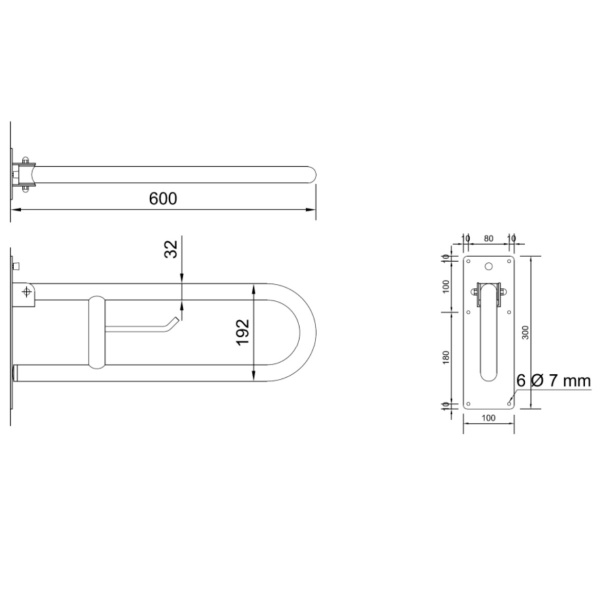 Поручень настенный подъёмный нержавеющий 600х100х192 мм Матовый, 19304 фото  в интернет-магазине Санкомп