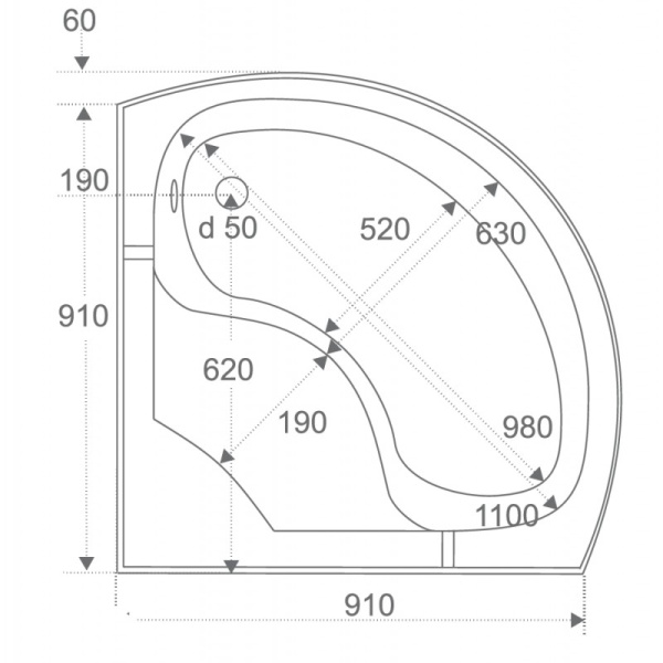 Поддон акриловый угловой ГЛУБОКИЙ 100х100х480(250мм) Ø 50  6282 фото  в интернет-магазине Санкомп