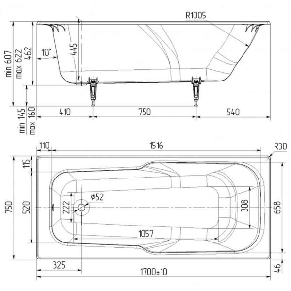 Ванна чугунная без ножек 1700х750 мм, 01148 фото  в интернет-магазине Санкомп