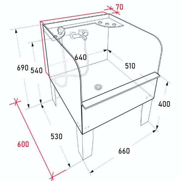 Ванна ножная 660х600х690 С ЭКРАНОМ СО СМЕСИТЕЛЕМ с ПОЛОЧКОЙ 70 мм (По чертежам заказчика), 24360 фото  в интернет-магазине Санкомп