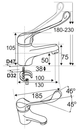 Смеситель ЛОКТЕВОЙ (ХИРУРГИЧЕСКИЙ) для раковины, (К40), с литым изливом 10/5 см, ШПИЛЬКА  фото  в интернет-магазине Санкомп