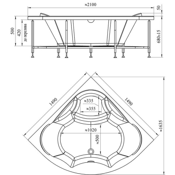 Ванна акриловая угловая с каркасом 1490х1490х680 мм, 21910 фото  в интернет-магазине Санкомп