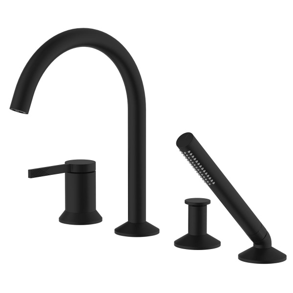 Смеситель на борт ванны излив каскадный, на 4 отверстия, лейка 1 режим, черный, 2306 фото  в интернет-магазине Санкомп