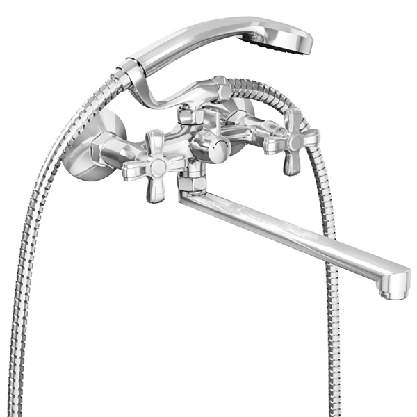 Смеситель для ванны настенный двухвентильный, излив длинный 272 мм, лейка 1 режим, 26102 фото  в интернет-магазине Санкомп