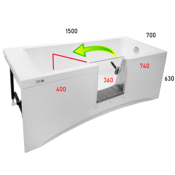 Ванна с дверцей 150х70 см СЛИВ СПРАВА, ДВЕРЦА СТЕКЛО СЛЕВА 40 см ОТКРЫТИЕ НАЛЕВО Ручка ВНУТРИ, 25341 фото  в интернет-магазине Санкомп