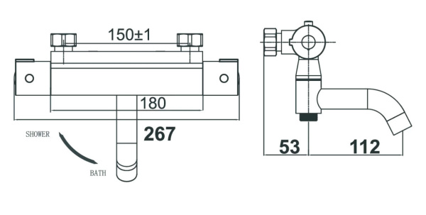Смеситель для ванны и душа настенный ТЕРМОСТАТИЧЕСКИЙ поворотный излив, 25071 фото  в интернет-магазине Санкомп