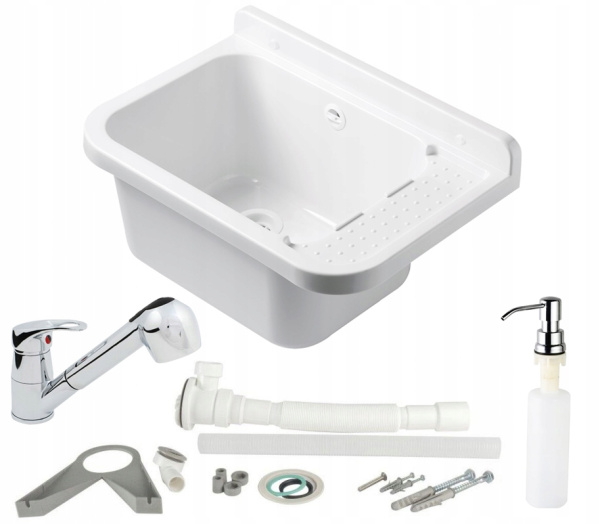 Раковина настенная пластиковая 340х500х210 мм Белая с сифоном, смесителем и дозатором фото  в интернет-магазине Санкомп