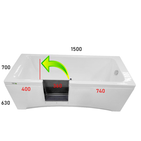 Ванна с дверцей 1500х700х630 мм СЛИВ СПРАВА, ДВЕРЦА СЛЕВА 400 мм от края, ОТКРЫТИЕ НАЛЕВО, 23973  фото  в интернет-магазине Санкомп