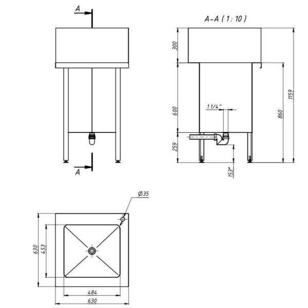 Ванна моечная AISI 304-1,5 мм сварная 1 секция 453х484х600, С/О, каркас AISI 304, 630х630х1160 фото  в интернет-магазине Санкомп